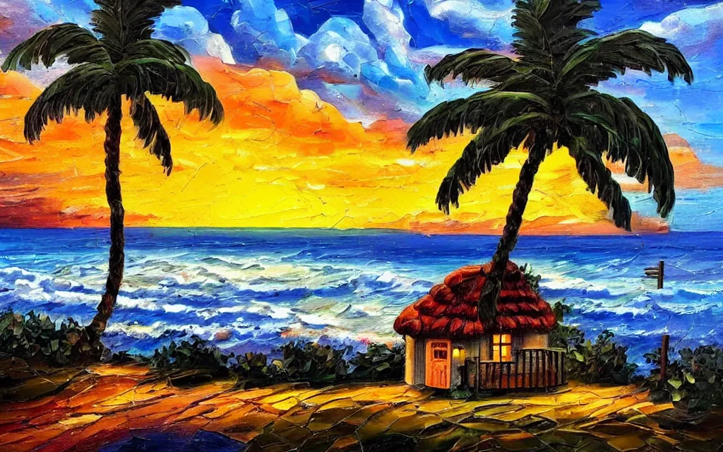 Image similar to a very very small island! with a cute cozy large cottage!! on it and a paved patio!! with chairs and string lights!, palm trees, very late evening cloudy sunset, dramatic and dynamic lighting, thick brush strokes oil impasto painting