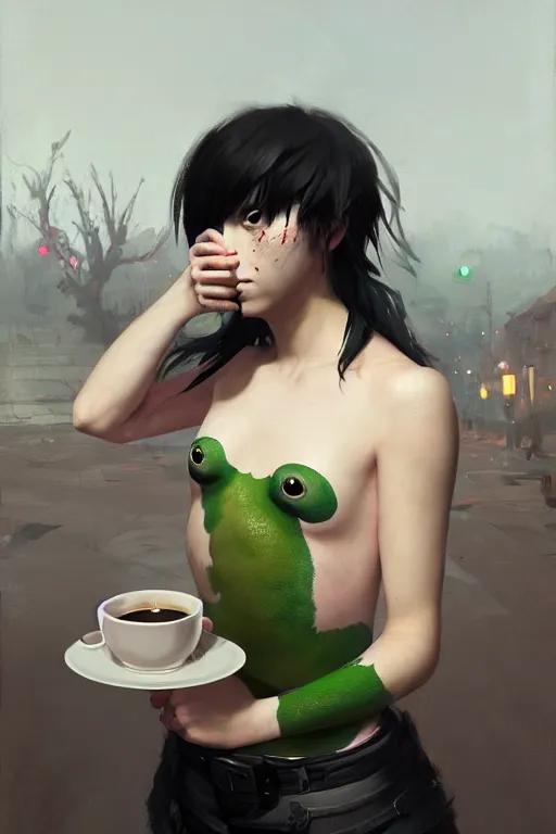 Image similar to portrait of a punk girl on a date with pepe! the frog! drinking coffee in the style of fenghua zhong and ruan jia and jeremy lipking and peter mohrbacher, extremely detailed digital painting, 8 k