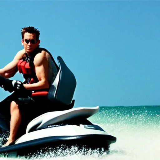 Image similar to john connor on a jet ski 35mm film 4k