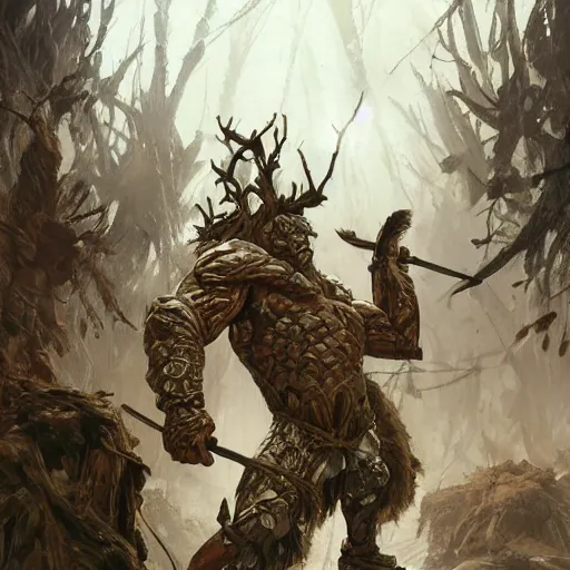 Image similar to muscular ogre - like fierce warrior with tree - bark skin wearing intricate stone and wood armor, towering above a group of soldiers, battlefield, highly detailed, digital painting, artstation, concept art, smooth, sharp focus, illustration, art by artgerm and greg rutkowski and alphonse mucha