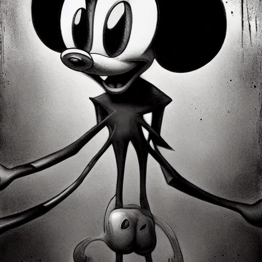 Image similar to michael karcz grunge drawing of mickey mouse. , in the style of corpse bride, loony toons style, horror themed, detailed, elegant, intricate, trending on artstation, 4k