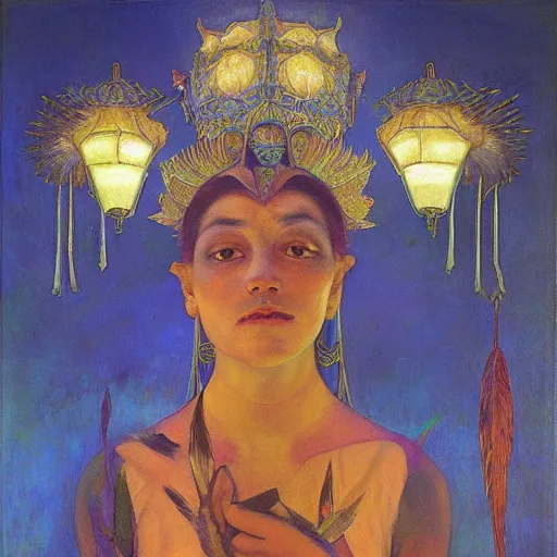 Image similar to queen of the dawn with her lantern, by Annie Swynnerton and Nicholas Roerich and Diego Rivera, bioluminescent skin, feather tattoos, elaborate costume, geometric ornament, symbolist, soft colors, smooth, sharp focus, extremely detailed