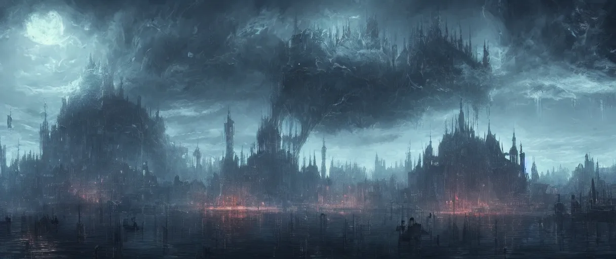 Image similar to large floating cities on top of huge floating islands, above sea, concept art, digital painting, in the style of Bloodborne, dark souls, demon souls, dark, night time, volumetric lighting, large scale, high detail, trending on art station, view from afar