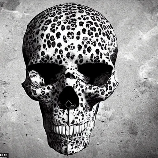 Image similar to Skull that look too much like skull!, I have likened evolution to a search through a very large space of possible organism characteristics, an 8k CG character rendering of a spider-like hunting female on its back, fangs extended, wearing a leopard-patterned dress, set against a white background, with textured hair and skin.