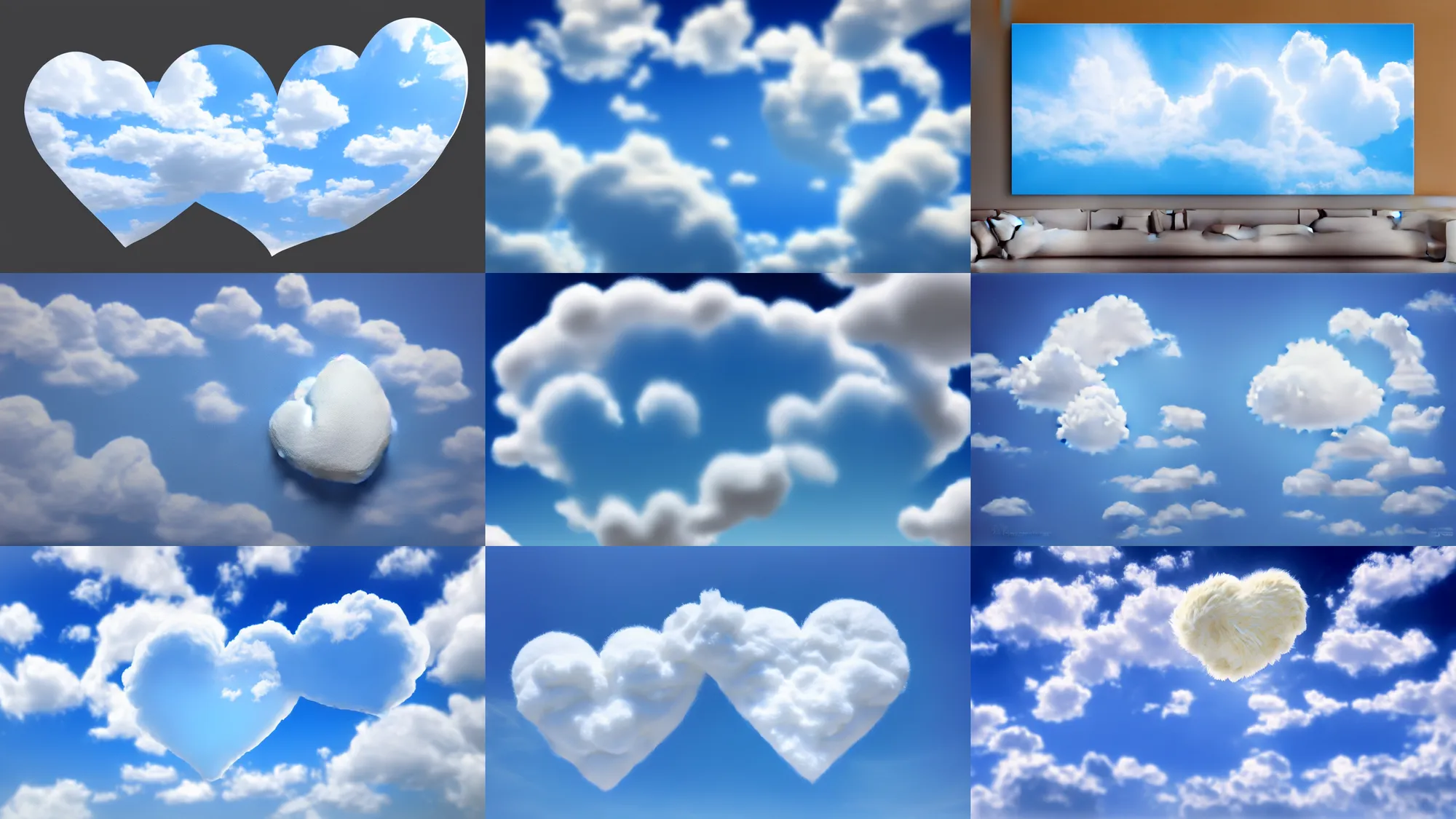 Image similar to huge cream fluffy soft cloud heart on blue clear sky, detailed, hyper realism, photo, realistic, soft volume absorbation, volume light, view up, diffused lights, ultra realism, cinematic, film