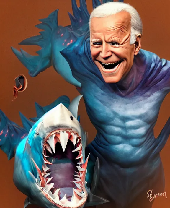 Image similar to joe biden nightmare fuel, shark man, shark costume, shark fin, sharp teeth, big smile, blue skin, ( ( claymation ) ), iridescent accents, by simon stalenberg by and artgerm