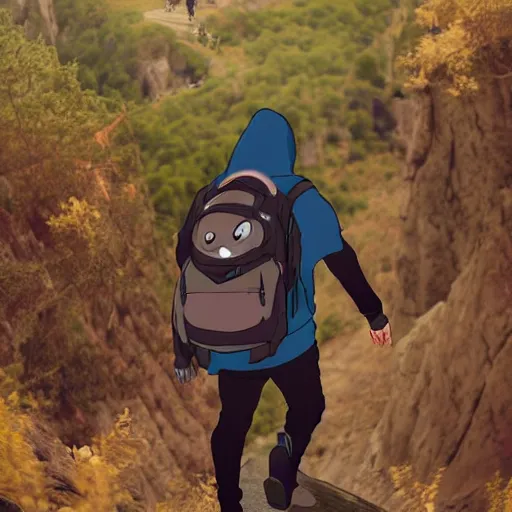 Image similar to person with hoodie walking up a mountain with a backpack that has katanas on the sides, anime, amazing composition, astonishing detail, smooth lines, beautiful scenery