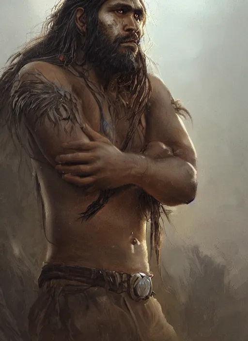 Prompt: portrait painting of a 3 0 year old rugged indigenous aboriginal male, long hair, rugged, unreal render cinematic lighting, bussiere rutkowski andreas rocha