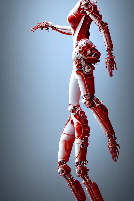 Image similar to a statue made of red marble, of an beautiful chinese girl, full body shot, perfect body, white biomechanical, inflateble shapes, wearing epic bionic cyborg implants, masterpiece, intricate, biopunk futuristic wardrobe, vogue, highly detailed, artstation, concept art, background galaxy, cyberpunk, octane render