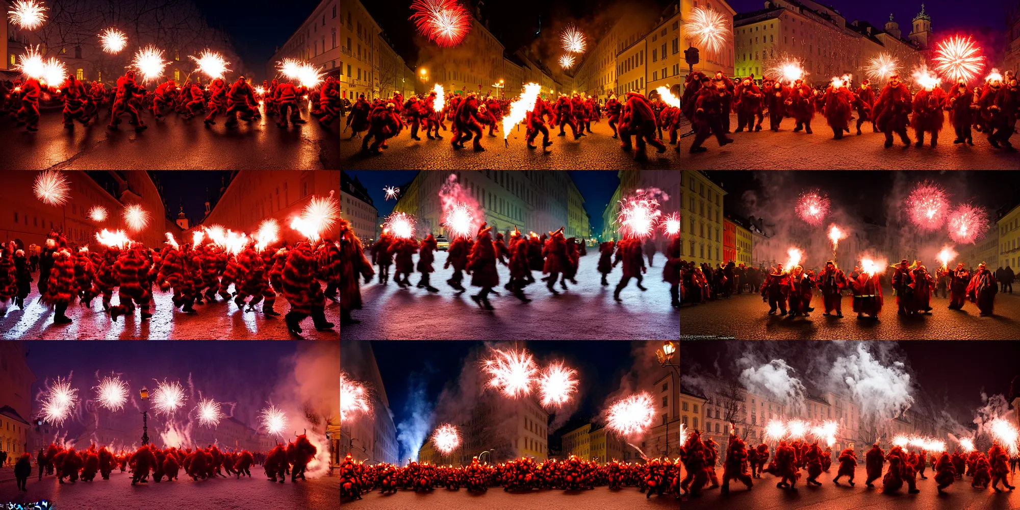 Prompt: kodak portra 4 0 0, winter, hellfire, award winning dynamic photograph of a bunch of hazardous krampus by robert capas, motion blur, on a street in salzburg at night with colourful pyro fireworks and torches