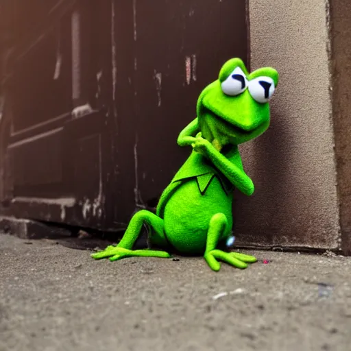 Prompt: DSLR photo of Kermit the frog drunk in a back alley