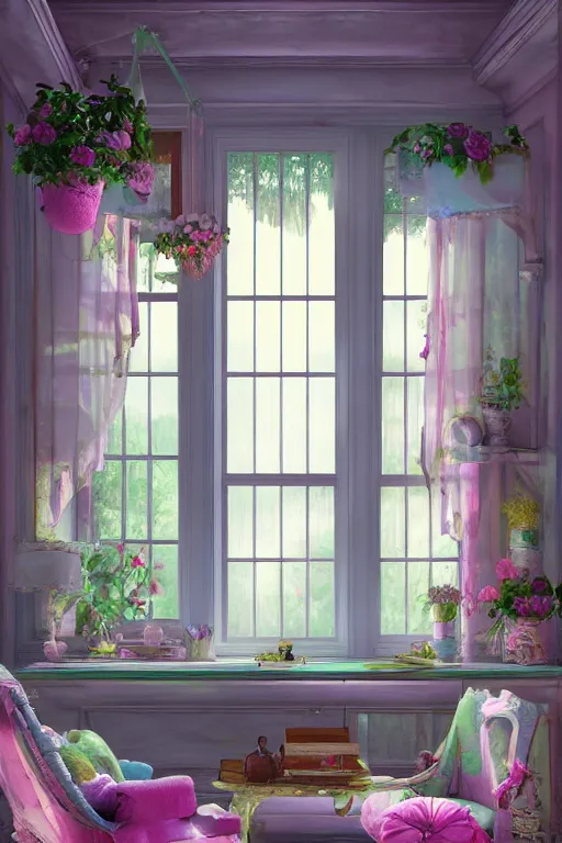 Image similar to matte sharp painting shabby chic room with windows james gurney, artgerm, lisa frank, artstation behance storybook