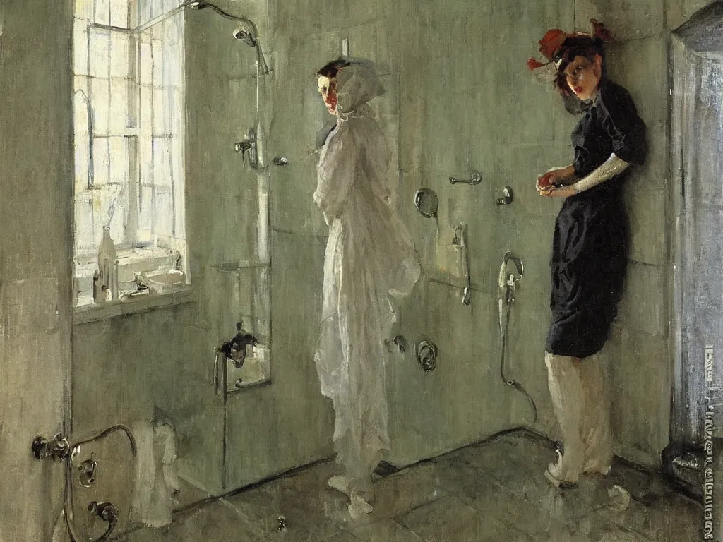 Prompt: portrait of a lady in the shower, painting by stanhope forbes, oil on canvas