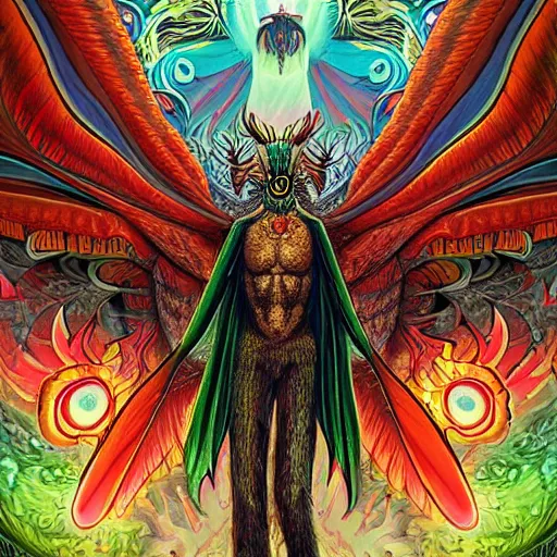 Image similar to A centered chest up portrait of a psychedelic godlike mothman with giant mandala wings smoking a hand-rolled cigarette smoking heavily , magic mushroom village in background , award winning. superb resolution. in the art style of junji Ito and greg rutkowski . Detailed Mushroom city in background. Hyper realistic anime. Perfect art. Dalle2