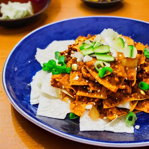 Prompt: Korean chilaquiles, food photography