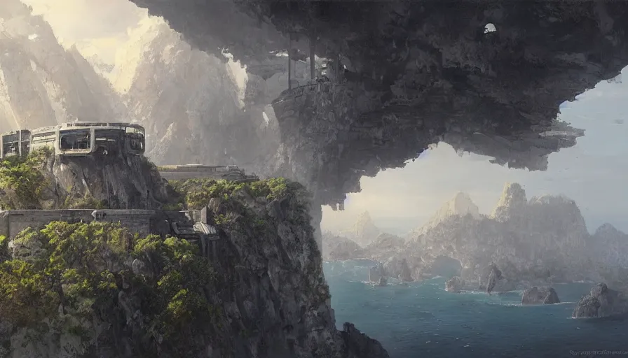 Prompt: imperial base on a cliff overlooking a magnificient bay, by james gurney, greg rutkowski, drawing architecture, highly detailed digital art, artstation, greig fraser