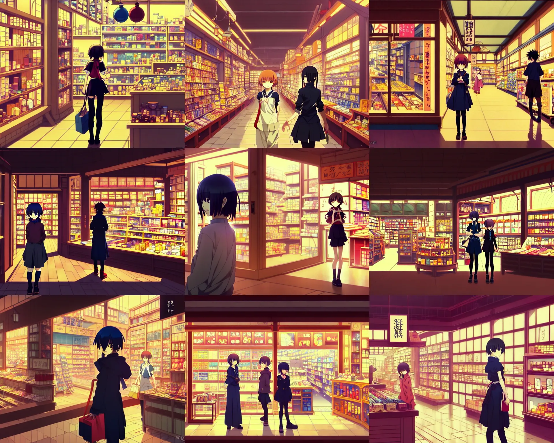 Prompt: anime frames, anime visual, portrait of a alchemist's shop interior with a young female traveler shopping, very low light cute face by ilya kuvshinov and yoh yoshinari, katsura masakazu, mucha, dynamic pose, dynamic perspective, strong silhouette, anime cels, rounded eyes, smooth facial features, contrasting shadows, lomography