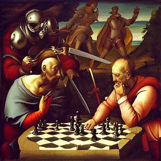 Prompt: “a renaissance painting of the heroic final sword battle between a boring man in a grey suit and a cyborg robot, the fight is happening on a life sized chessboard.”