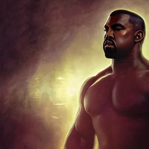 Image similar to Portrait of Kanye West as the Hulk, amazing splashscreen artwork, splash art, head slightly tilted, natural light, elegant, intricate, fantasy, atmospheric lighting, cinematic, matte painting, by Greg rutkowski