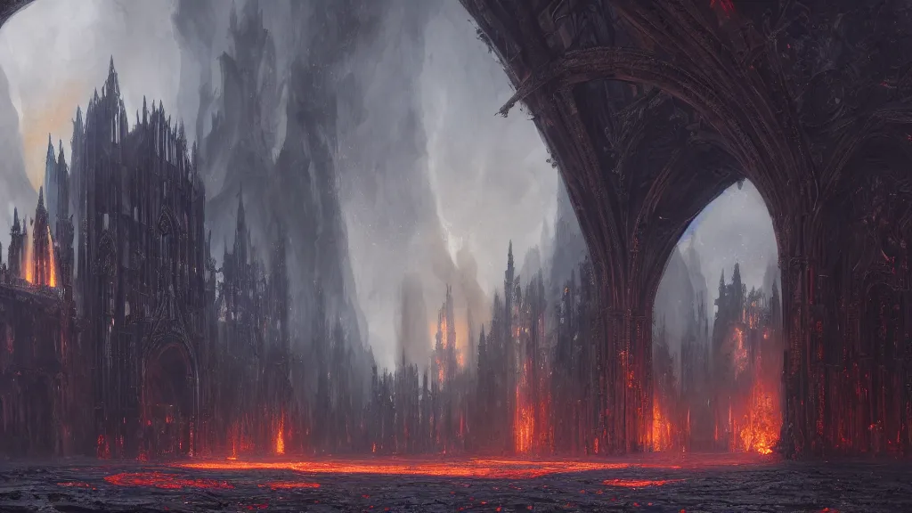 Prompt: an obsidian gothic cathedral with a giant metallic obsidian door and a long path leading to it with several big carriages on it, in the elemental plane of fire, with rivers of lava surrounding it, Dungeon and Dragon illustration, painted by Greg Rutkowski, 4k, trending on ArtStation