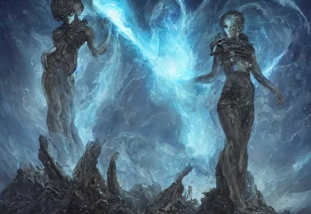 Image similar to an ancient alien female monument staring into space at a supernova, queen of blades, by dorian cleavenger, by greg rutkowski, by wlop, by astri lohne, by zdzisław beksinsk