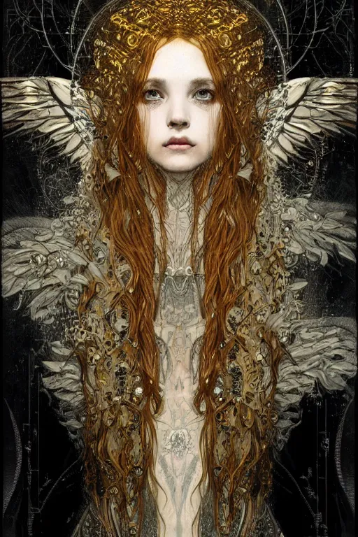 Prompt: portrait of beautiful young gothic angelic maiden, cyberpunk, highly detailed, artstation, illustration, art by Gustav Klimt