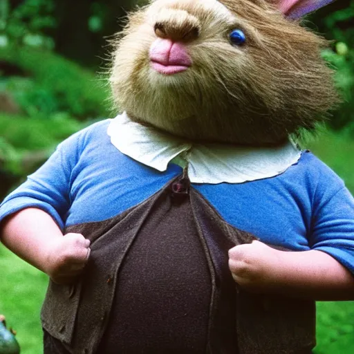 Image similar to chubby british lad as Bartook a teen hobbit with short curly dark brown hair wearing a blue vest with a white sash standing next to a giant rabbit, high resolution film still, movie by Peter Jackson