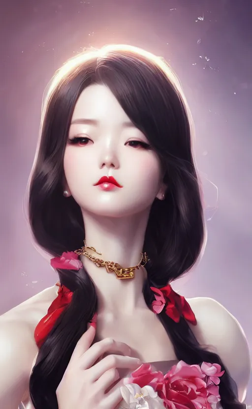 Image similar to a pin up and beautiful fashion charming dreamlke korea girl with lv jewelry, character art, art by artgerm lau and kyoung hwan kim and and ilya kuvshinov and john singer sargent, hyperdetailed, 8 k realistic, symmetrical, frostbite 3 engine, cryengine, dof, trending on artstation, digital art