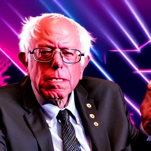 Image similar to bernie sanders with laser beams coming out of his eyes, synthwave