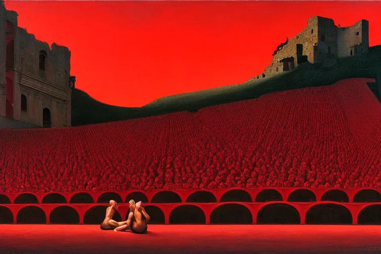 Image similar to only with red, a red great emperor, taormina amphitheatre, crowd with big smile, in the style of beksinski, parts by edward hopper, parts by rodcenko, parts by yue minjun, intricate and epic composition, red by caravaggio, insanely quality, highly detailed, masterpiece, red light, artstation, 4 k