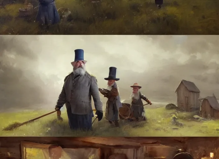 Prompt: oil painting, scandinavian gnome, dwarf, small with gray clothes, pointy top hat, in barn environment, hay and wooden tools, high detailed art by anders zorn, wonderful masterpiece by greg rutkowski, beautiful cinematic light, american romanticism by greg manchess, creation by tyler edlin