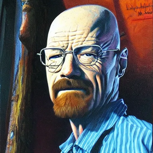 Prompt: Walter White as a painter, artwork by Earl Norem,