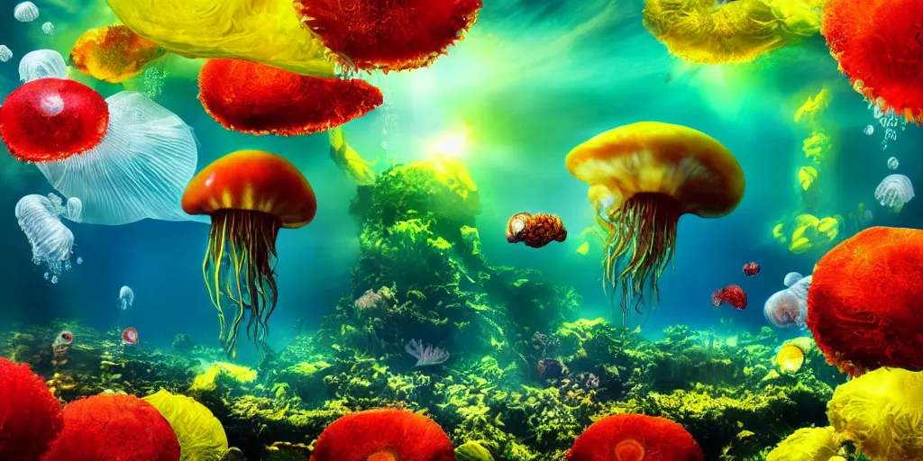 Prompt: full - length photorealism uhd professional photo underwater landscape with a big flying jellyfish, green yellow and red colors, high detailed, upper volumetric lightning, 3 5 mm