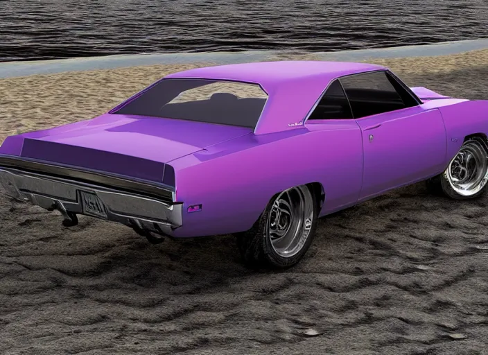 Image similar to hyperrealism, detailed textures, photorealistic 3 d render, a dreamy beach in cuba, a 1 9 7 0 hemi charger with plum crazy purple colour scheme, mickey thompson tires, centrerline rims, sharp focus, ultra realistic, ultra high pixel detail, cinematic, intricate, cinematic light, concept art, illustration, art station, unreal engine 8 k