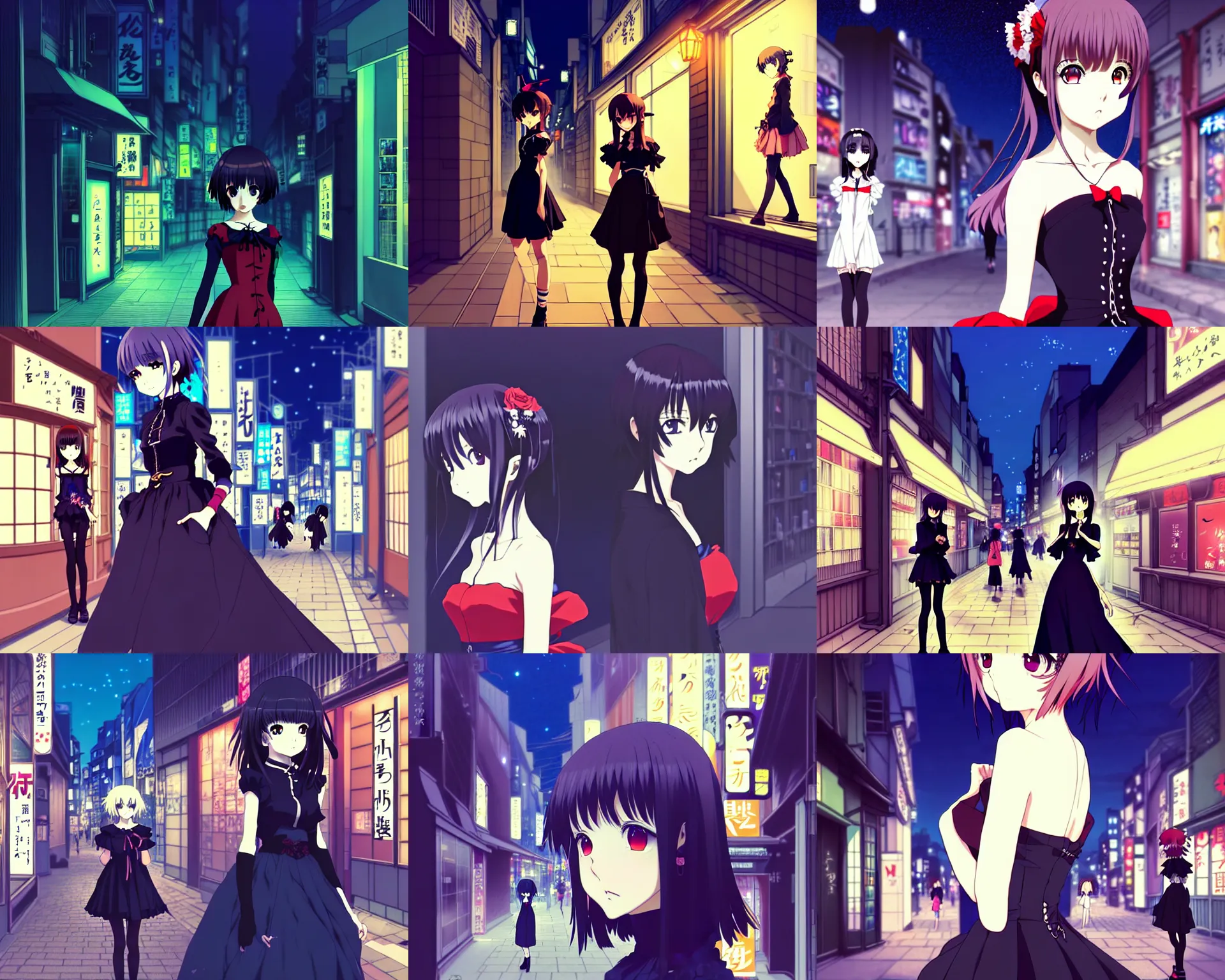 Prompt: anime frames, anime visual, portrait of a young woman in gothic dress shopping outside in shibuya at night, very low light cute face by ilya kuvshinov and yoh yoshinari, katsura masakazu, mucha, dynamic pose, dynamic perspective, strong silhouette, anime cels, rounded eyes, blue tint, contrasting shadows