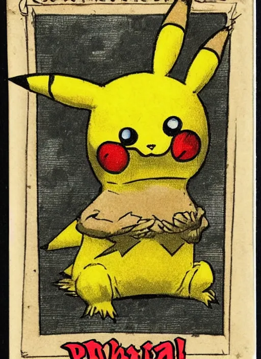 Image similar to creepy pikachu Pokémon card from the 1700s