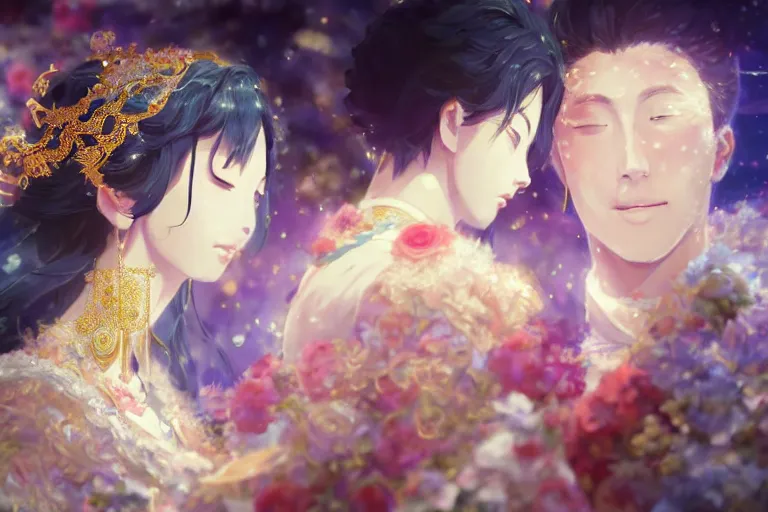 Image similar to a dreamlike portrait of wedding photograph close up moment of a divine a taiwan sun god and moon goddess lovers magician at a wedding banquet. portraiture. digital painting. artstation. concept art. fantasy wedding photo. digital painting, 8 k realistic, hyper detailed, by makoto shinkai and akihiko yoshida and hidari and wlop