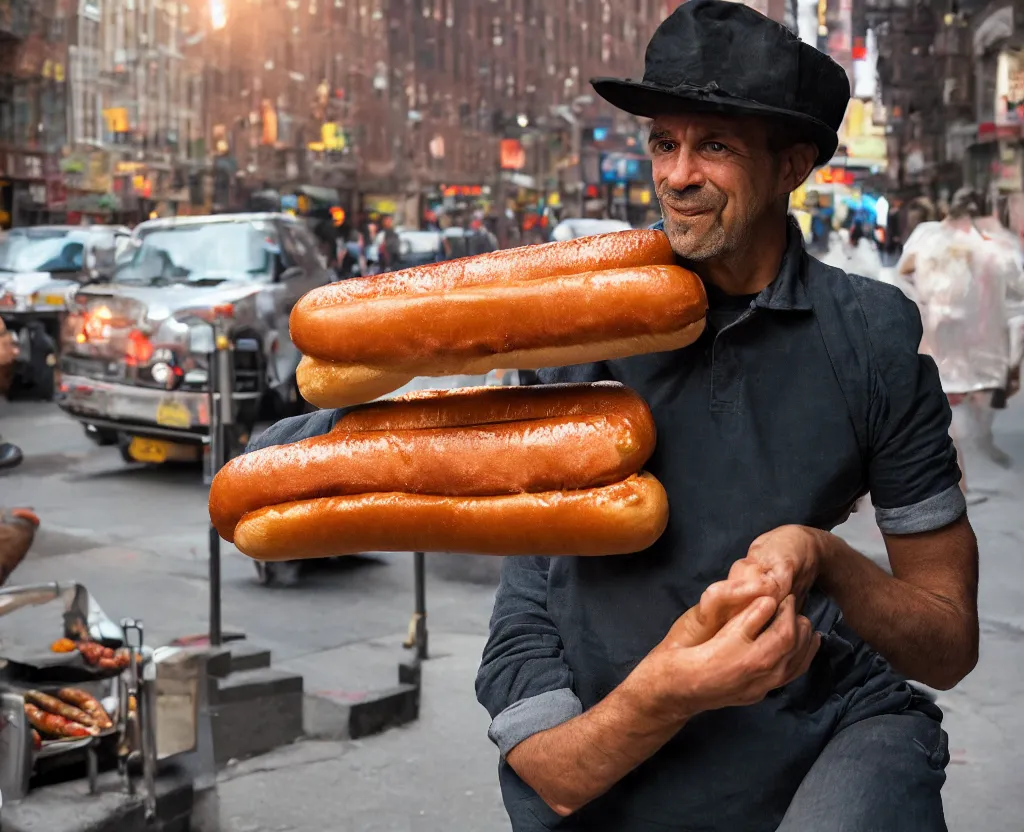 Image similar to closeup portrait of a man carrying a giant hotdog, smoky new york back street, by Annie Leibovitz and Steve McCurry, natural light, detailed face, CANON Eos C300, ƒ1.8, 35mm, 8K, medium-format print