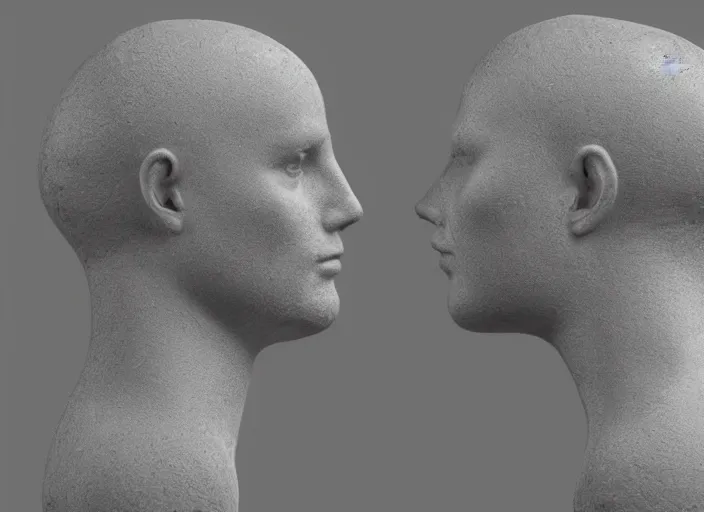 Prompt: a head viewed from three angles, front facing, 3/4 profile, and side profile view