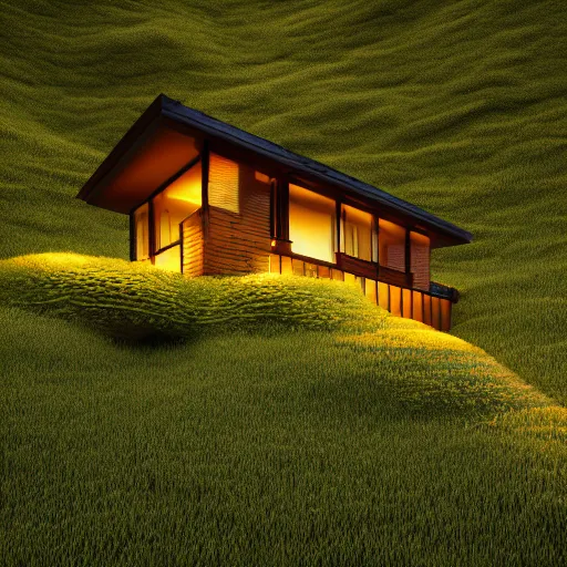 Image similar to small hillside house made of honey, modern lighting, hyper - realistic, hyper - detailed, 8 k, octane rendered, art nouveau, organic, flowing, impossible torsion, writhing, lush, dynamic