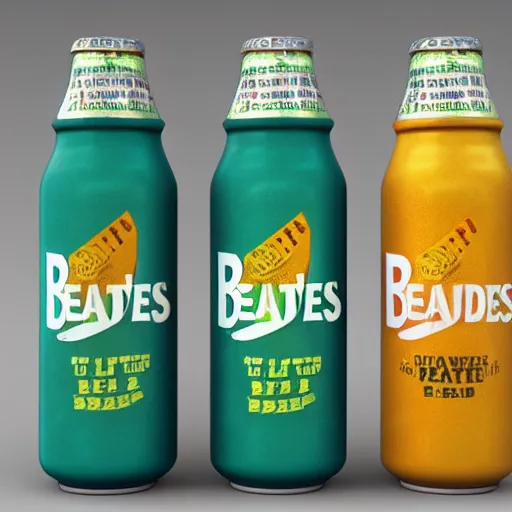 Prompt: 3d render, blender of an an advertisement for a beatles soda, with the beatles pasted on the packaging, soda bottle with a small illustration of the beatles pasted on the packaging, award winning, studio light, 4K