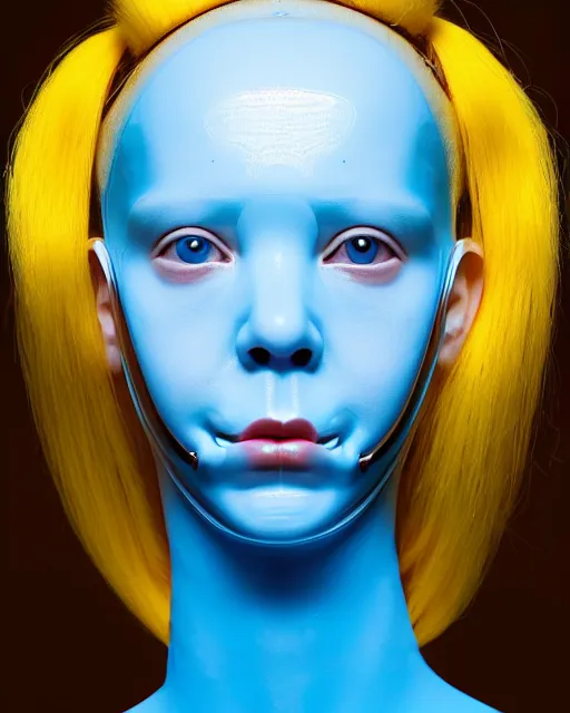 Image similar to symmetrical close - up portrait of a woman wearing a translucent silicone beauty mask and yellow hair buns, wearing a black bodysuit by alexander mcqueen, blue background, soft diffused light, biotechnology, humanoide robot, bjork aesthetic, translucent, by rineke dijkstra, intricate details, highly detailed, masterpiece,