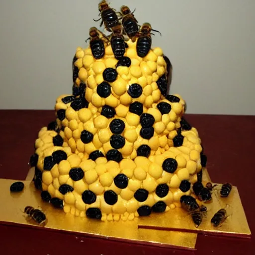 Prompt: a birthday cake made of bees