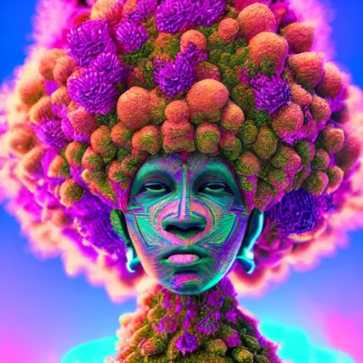 Image similar to an african marijuanna! shaman with an afro made of flowers, third eye art art by machina infinitum, complexity from simplicity, rendered in octane, mandelbulb 3 d, ambient occlusion, radiant lighting, macro photography, felt!!! texture, tribal, pastel! retrowave