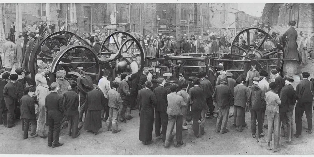 Image similar to people gathered around a machine that makes, 1 9 0 0 s photograph