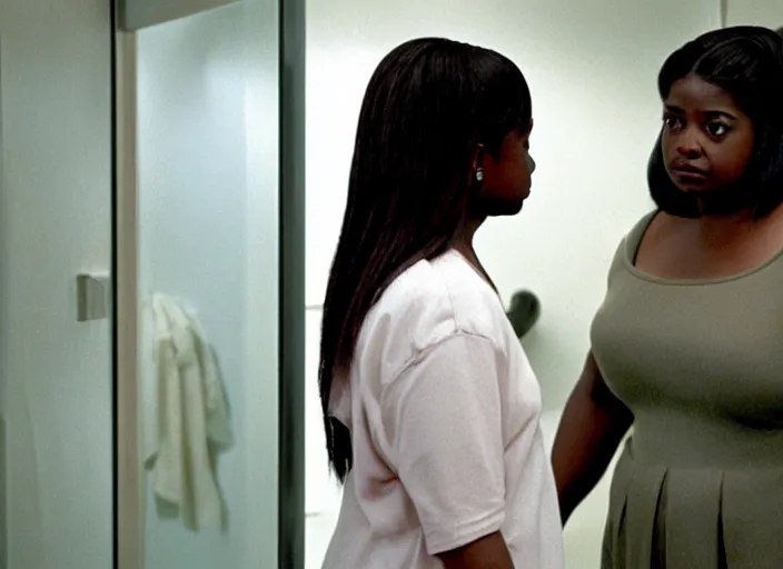 Prompt: cinematic portrait of panicking octavia spencer talking to the bathroom mirror, scene from the tense thriller film ( 2 0 0 1 ) directed by spike jonze, hyper - detailed face, dramatic backlit window, volumetric hazy lighting, moody cinematography, 3 5 mm kodak color film, anamorphic wide angle lens