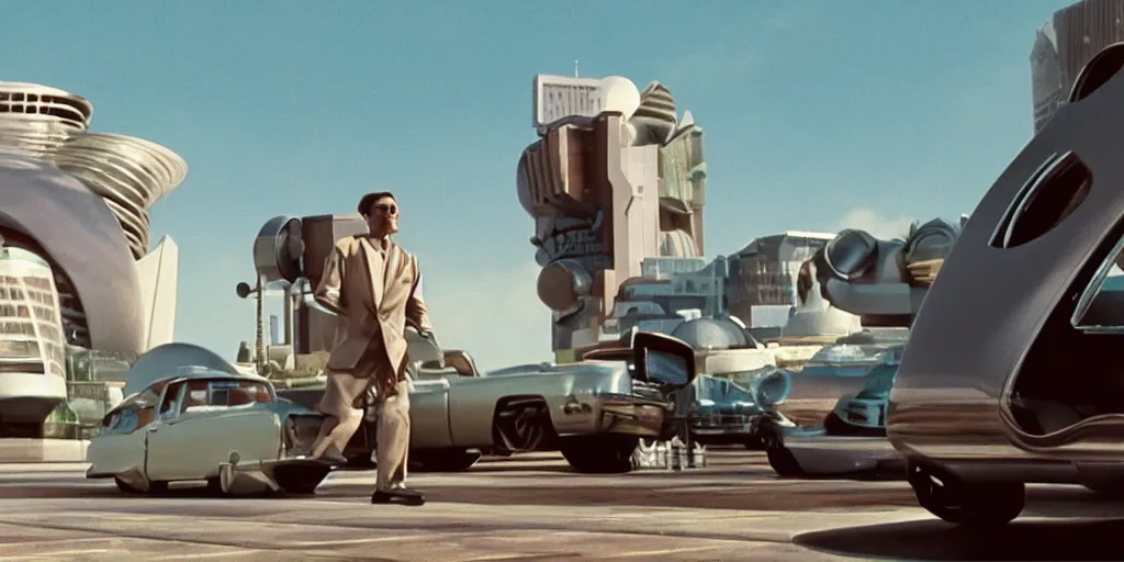 Prompt: still image from a retro futurism themed film about man who sells tupperware called tupperworld, cinematic, widescreen, imax, retro futurism fashion and architecture, movement, movie poster