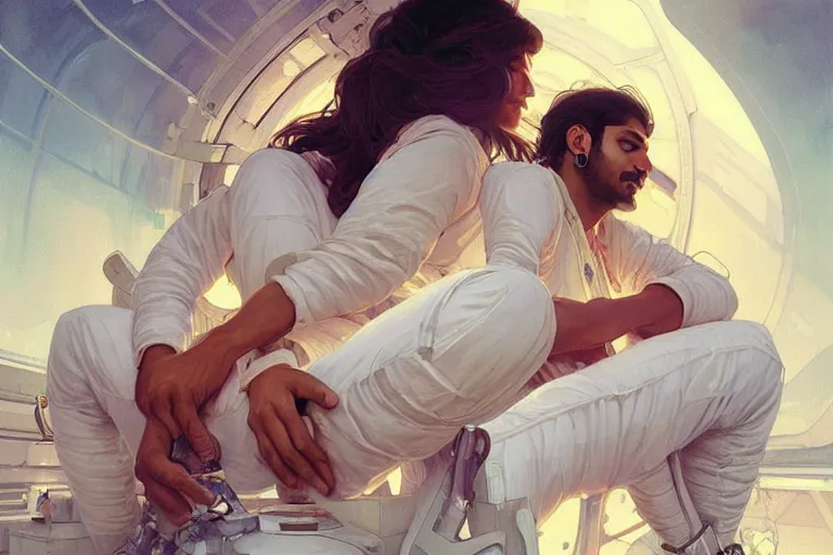 Image similar to Sensual good looking pale young Indian doctors wearing jeans asleep in a space station above Earth performing surgery, portrait, elegant, intricate, digital painting, artstation, concept art, smooth, sharp focus, illustration, art by artgerm and greg rutkowski and alphonse mucha