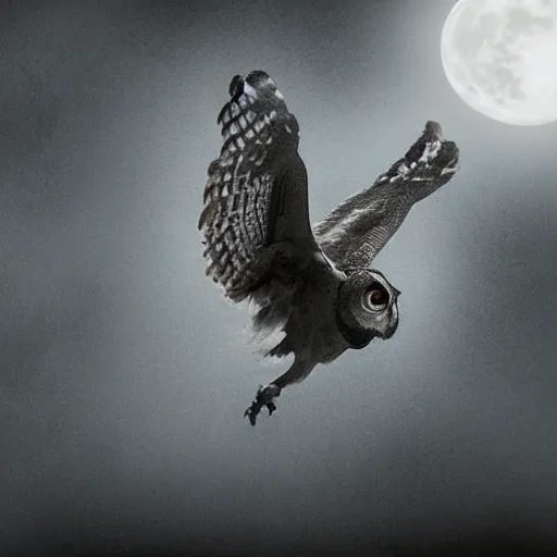 Prompt: huge owl with outstretched wings flapping flying hunting at night through fog talons reaching for prey striking killing a rabbit in the forest lit by the full moon fog moving through feathers