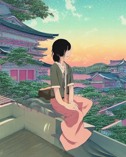 Image similar to detailed aesthetic vaporwave illustration of a girl sitting on the rooftop anime digital art award winning scenery cinematic scene sunset in japan by studio ghibli